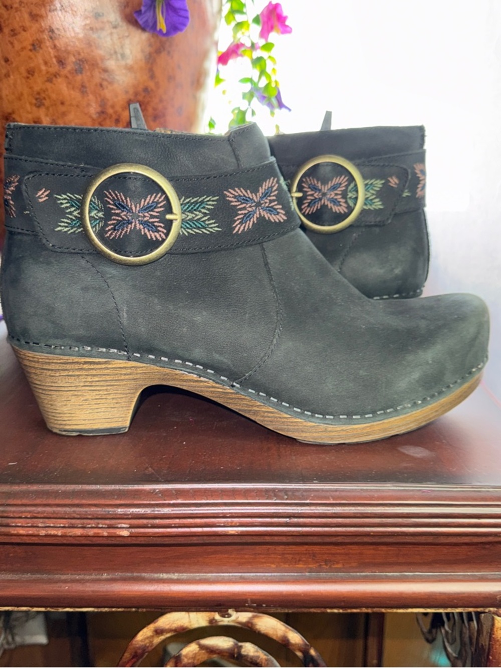 Dansko Suede Ankle Clog Booties with Embroidered Strap - Black